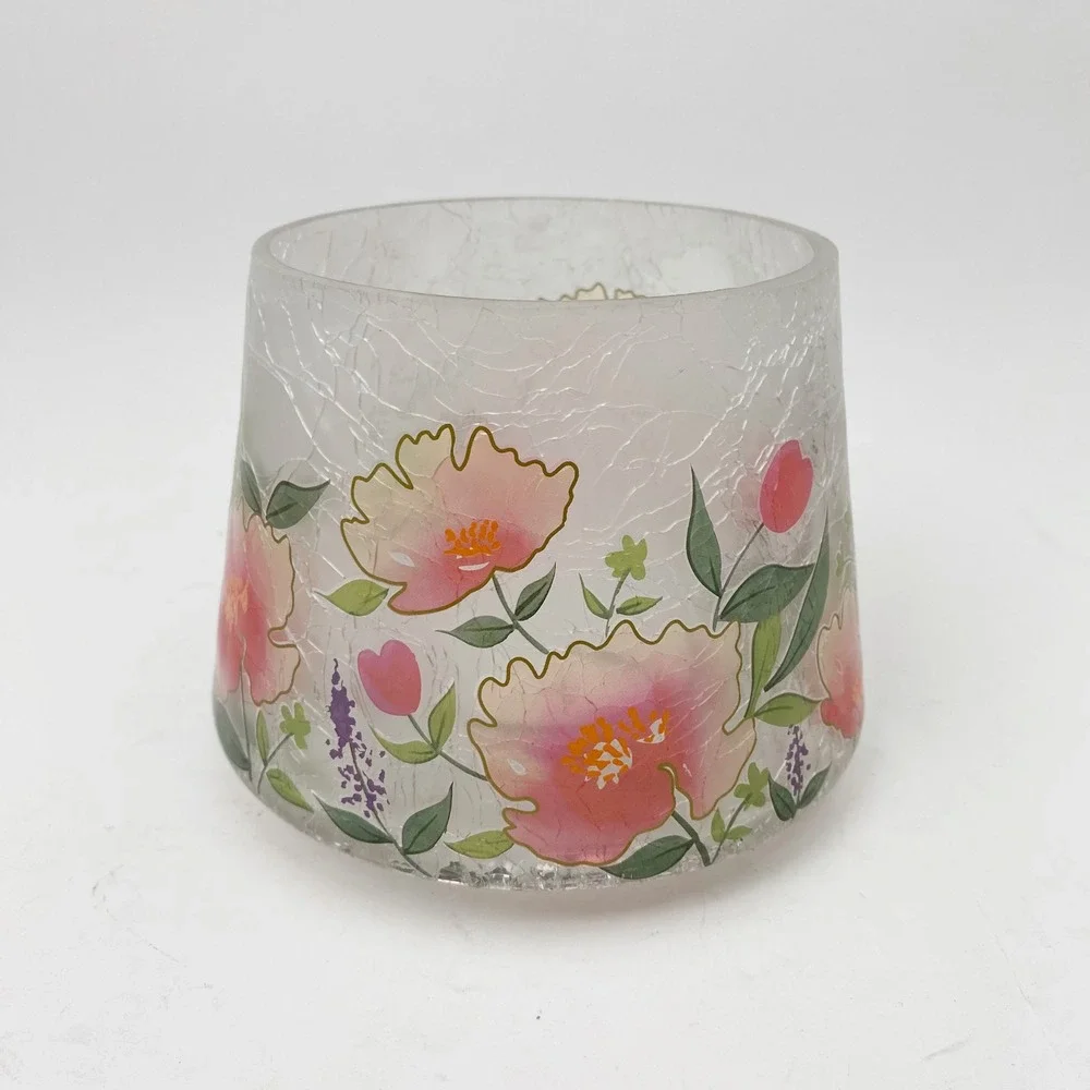 Yankee Candle Spring Flowers Crackle Glass Floral Jar Shade Cover Pink Green